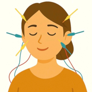 美容鍼で顔の筋肉に微弱な電流を流している女性のイラスト。 内側からのハリ感やスッキリ感を引き出す施術の様子を表現。