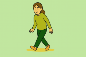 鍼灸治療を受けたあと、笑顔で元気に歩く女性のイラスト。膝の痛み改善後の生活イメージ。
