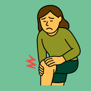 膝の痛みを抱える中年女性が、つらそうに右膝を押さえているイラスト。変形性膝関節症の症状イメージ。