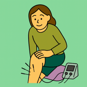鍼と電気治療を膝に受けている女性のイラスト。鍼灸による痛み緩和の様子を描いた図。