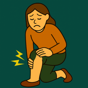 「膝の痛みでしゃがみ込み、辛そうな表情を浮かべる中年女性のイラスト。膝に痛みを示す稲妻マークあり。」