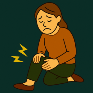 「膝に手を当て、痛みを感じてうつむく中年女性のイラスト。背景には痛みを象徴する稲妻マーク付き。」