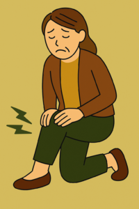 「初動時痛で膝に手を当てて苦しそうな表情を浮かべる中年女性のイラスト。背景には症状を示す稲妻マーク。」