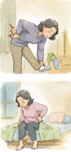 前かがみで靴下を履くときや、朝ベッドから起き上がるときに腰を痛がる女性のイラスト