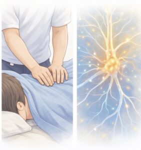 ベッドにうつ伏せの方の腰に、やさしく手技で施術を行っている様子と神経のイメージイラスト