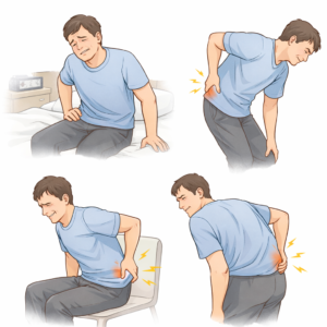 日常動作(立ち上がる・前かがみ・座る・かがむ)で腰に痛みを感じている男性のイラスト