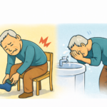 前かがみになって靴下を履くときや洗顔の姿勢で腰に痛みを感じている中高年男性のイラスト