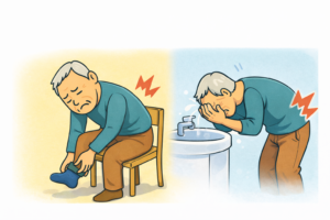 前かがみになって靴下を履くときや洗顔の姿勢で腰に痛みを感じている中高年男性のイラスト