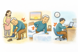 前かがみや立ち上がり、長時間のデスクワークで腰に痛みを感じる高齢男性の日常動作のイラスト