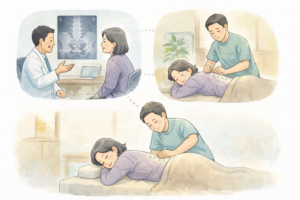 「病院での検査と鍼灸施術を組み合わせて腰痛にアプローチしている様子のイラスト」