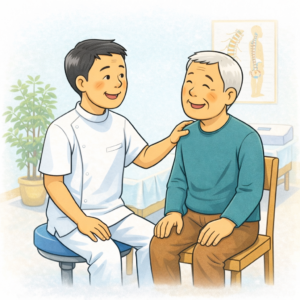 腰痛の相談をする高齢の男性と、安心した表情で対応する鍼灸師が椅子に座って話しているイラスト