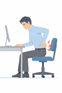 デスクワーク中に腰の痛みを感じている男性のイラスト