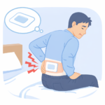 湿布を貼っても腰の痛みが続き、ベッドに座って腰を押さえる男性のイラスト（湿布で治らない腰痛のイメージ）