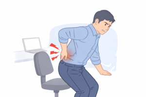 立ち上がると腰が痛い男性のイラスト（デスクワーク腰痛のイメージ）