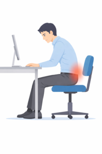 デスクワーク中に前かがみ姿勢となり、腰に負担がかかっている男性のイラスト。腰部が赤く示され、長時間の座位による腰痛を表している。