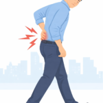 歩いていると腰に痛みが出る男性のイラスト。前かがみ気味で歩行しており、腰の部分に痛みを示すマークが描かれている。