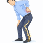 腰から片脚にかけてしびれが出ている男性のイラスト（腰痛・坐骨神経痛のイメージ）