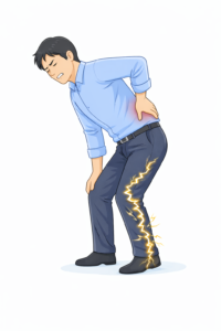 腰から片脚にかけてしびれが出ている男性のイラスト(腰痛・坐骨神経痛のイメージ)