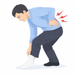 前かがみで靴下を履こうとして腰に痛みを感じる男性のイラスト