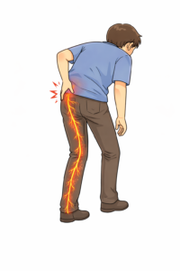 お尻から太もも裏、ふくらはぎにかけて神経に沿ったしびれが出ている男性のイラスト（坐骨神経痛のイメージ）