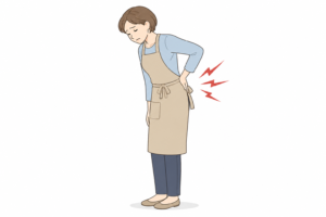長時間立っていて腰痛が出る女性のイラスト｜立ち仕事による腰への負担イメージ