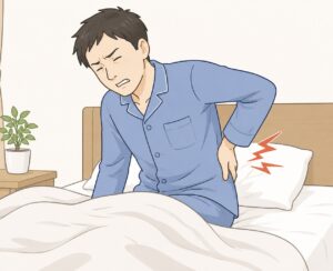 朝、ベッドから起き上がる際に腰を押さえて痛そうにしている男性のイラスト。寝起きの腰痛をイメージした画像。