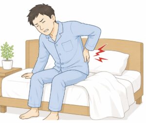 朝、ベッドから起き上がる際に腰を押さえて痛みを感じている男性のイラスト。寝起きの腰痛をイメージした画像。