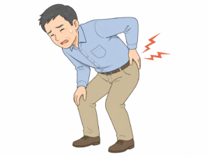 「ぎっくり腰で腰を押さえ、前かがみになっている男性のイラスト」