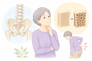 骨粗しょう症によって骨がもろくなる様子や、腰痛との関係をイメージしたイラストです。骨粗しょう症が気になる方は、一度ご相談ください。