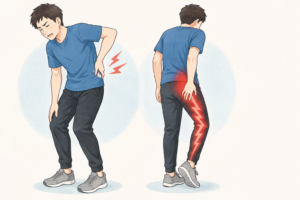 腰痛とお尻から足にかけての痛み・しびれがある男性のイラスト
