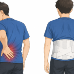 腰椎分離症で腰痛がある学生と、コルセットによる治療をイメージしたイラストです。