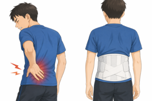 腰椎分離症で腰痛がある学生と、コルセットによる治療をイメージしたイラストです。