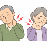 首の痛みに悩む高齢の男女のイラスト