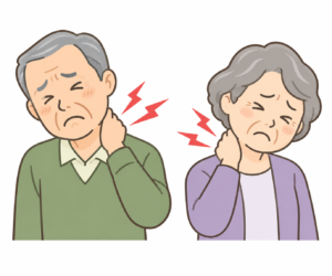 首の痛みに悩む高齢の男女のイラスト